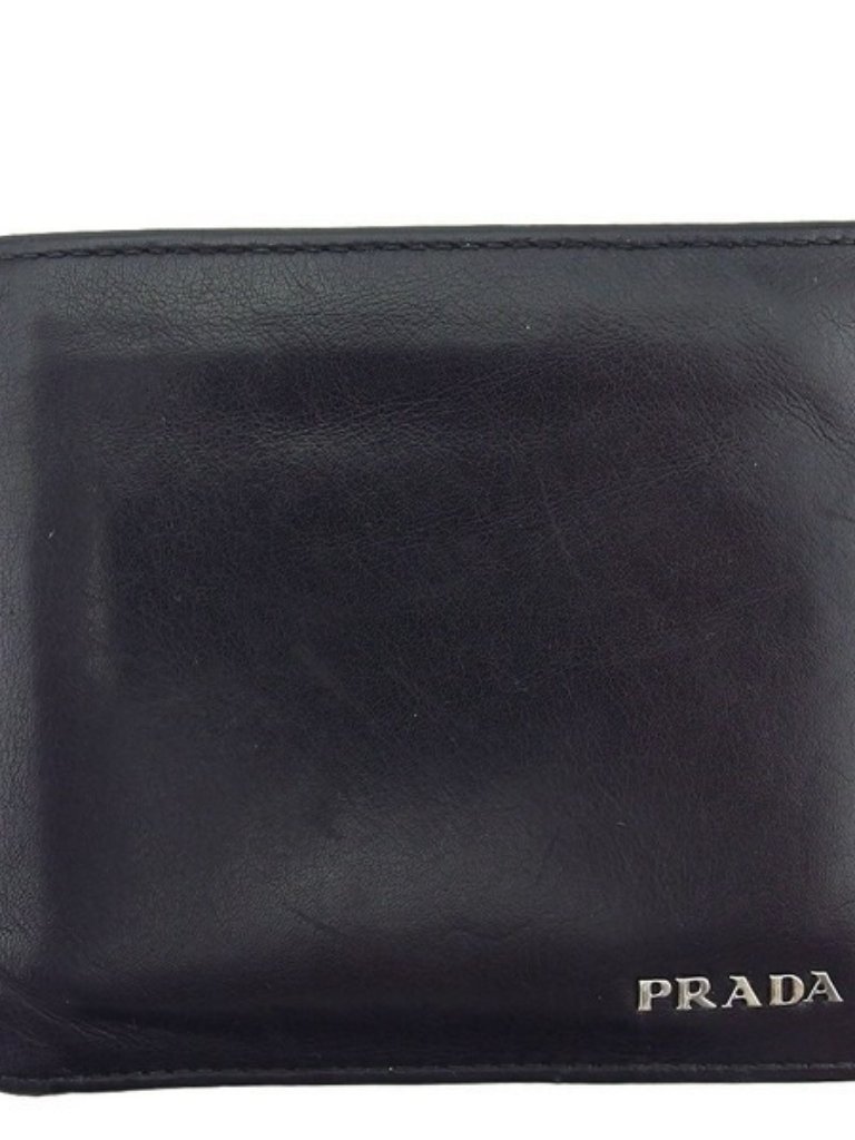 Prada Bi-Fold Wallet Logo Leather X Silver Hardware Authentic Used